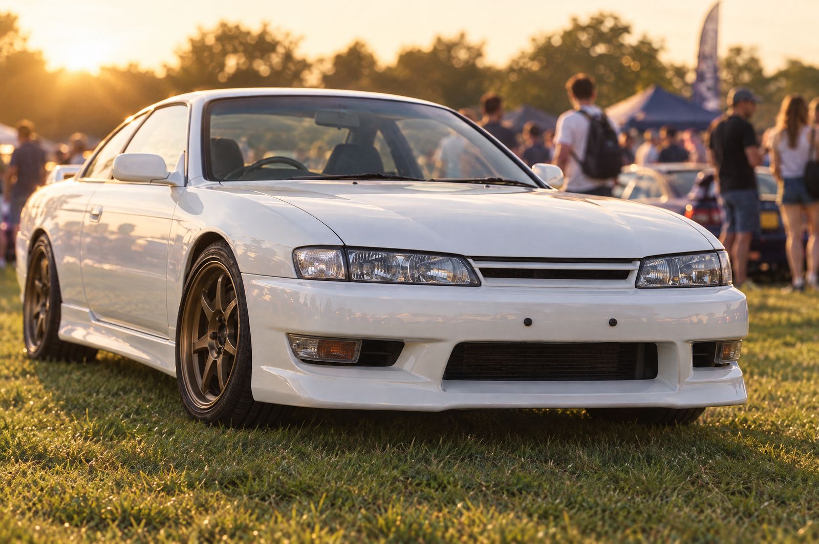 White coupe on bronze wheels at a sunset show, plate off, just two small pegs on the bumper
